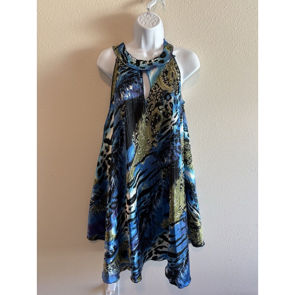 Mia Mia Collection L/XL Blue Animal Paisley Plisse Pleated Halter Mini Dress